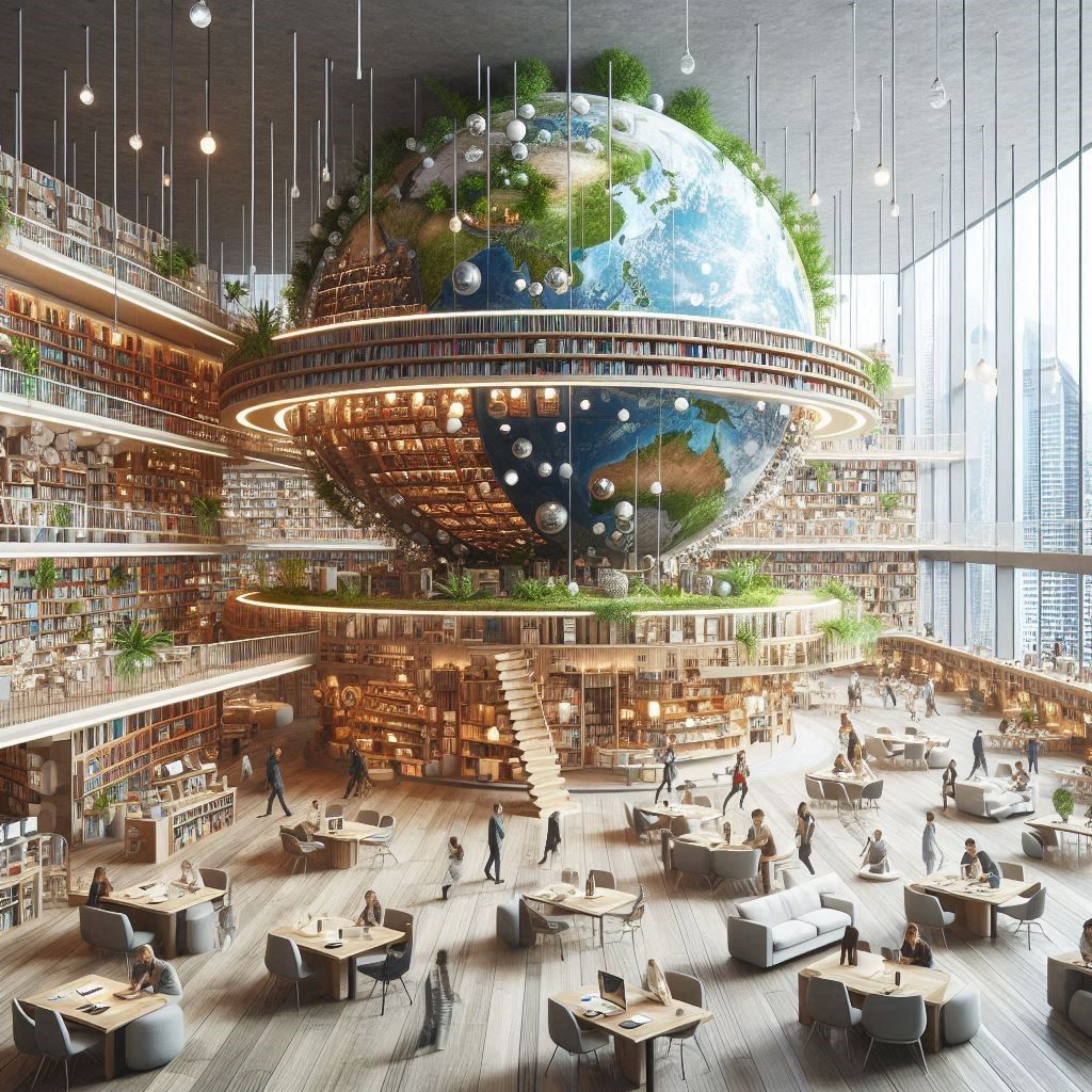 Une bibliothèque avec une mappemonde comme lieu de lecture